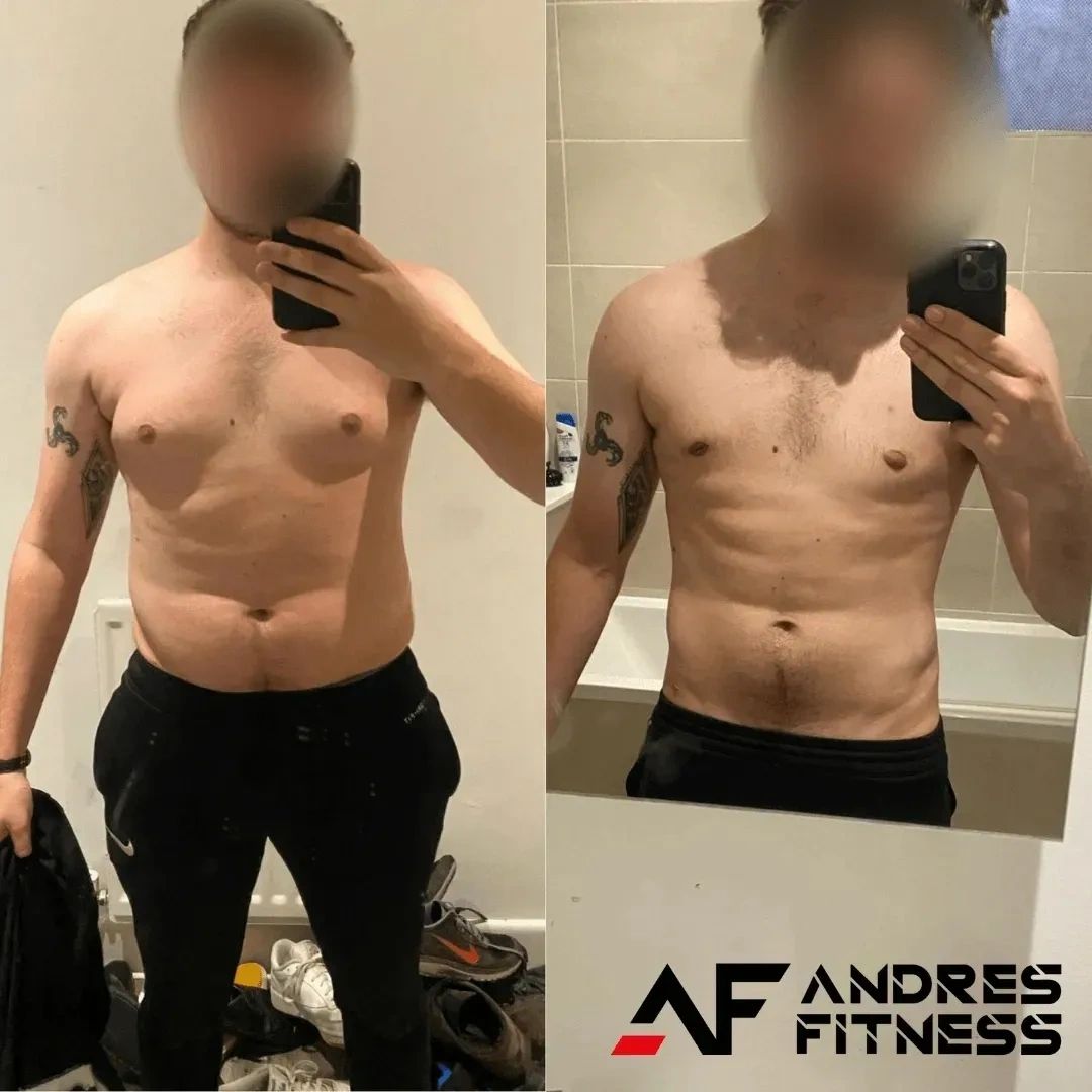 Before and after photo of Andres Fitness client Oli, who lost 13kg through personal training. Left s