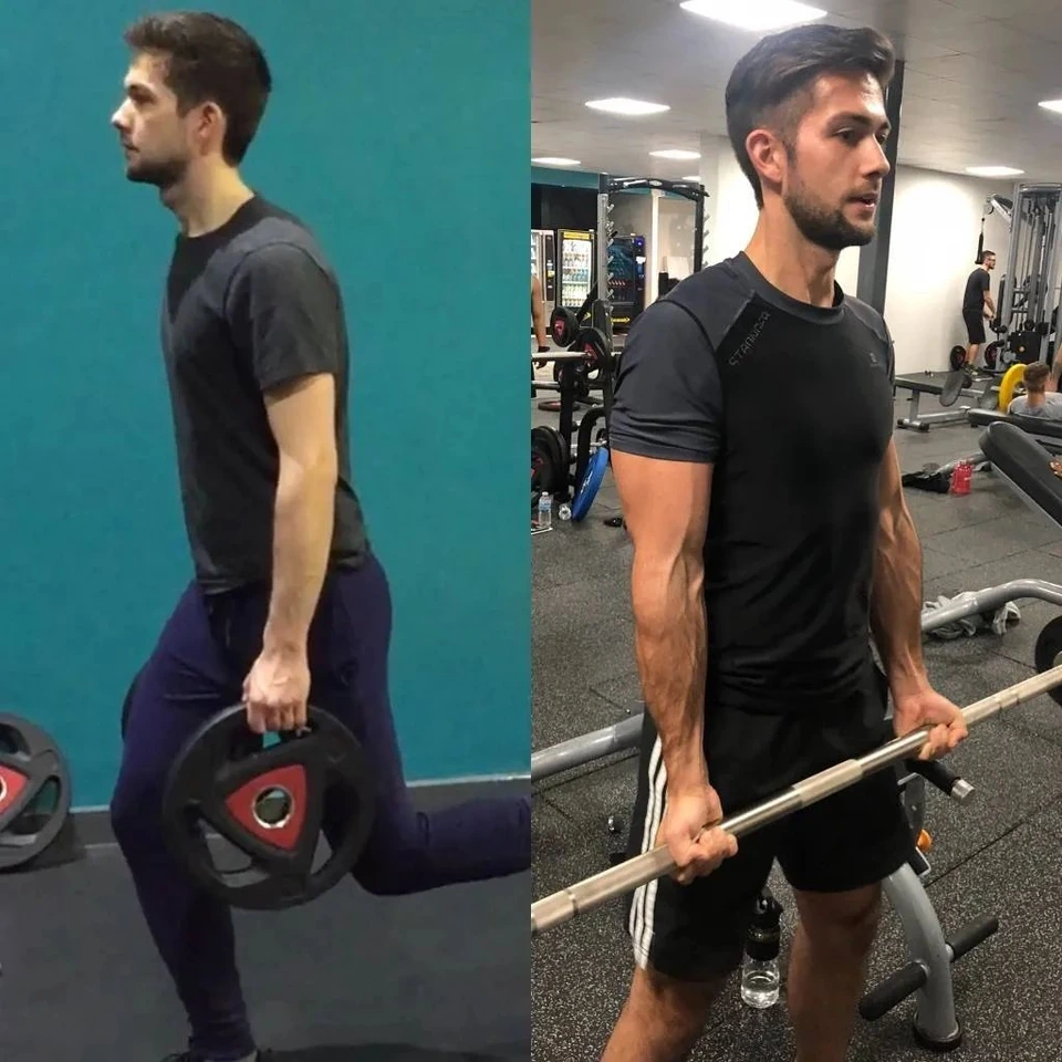 James at two stages of his strength training progress