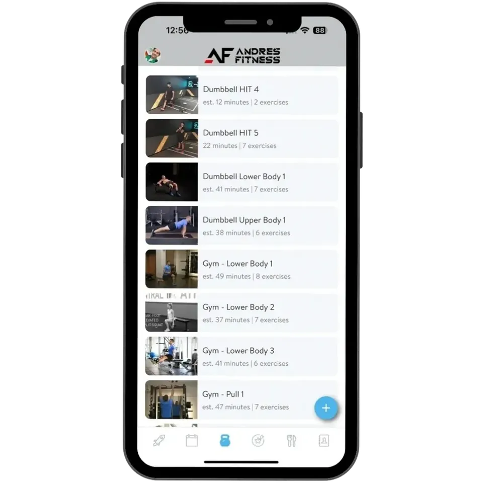 The Andres Fitness app displaying a personalised workout plan
